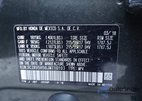 2018 Honda Hr-V Ex z USA, uszkodzony, nr VIN 3CZRU5H56JM710103